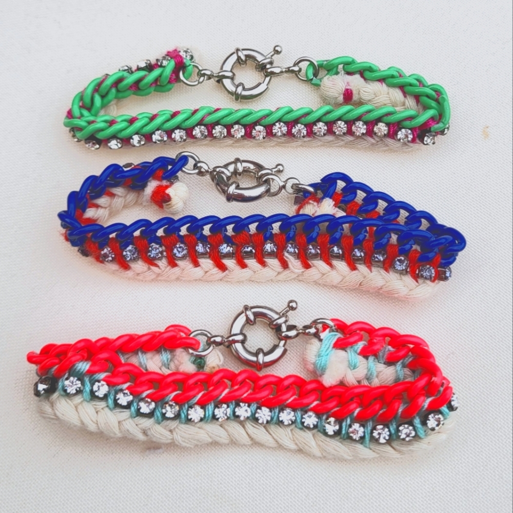 🆕 J. Crew Colorful Chain Rope Rhinestone Friendship Bracelet Set of 3